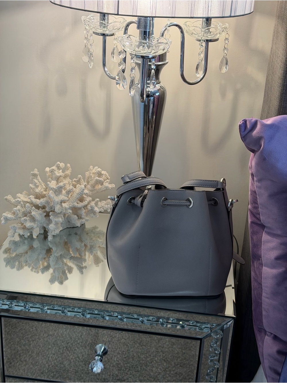 Michael Kors Grey Leather Drawstring Bucket Shoulder Bag